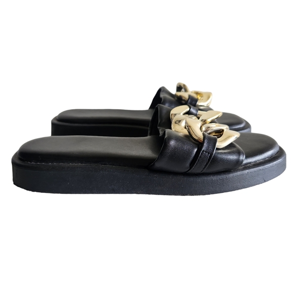 Black Chunky Chain Flat Sandal Slip On Slides Size 10 - Picture 7 of 12